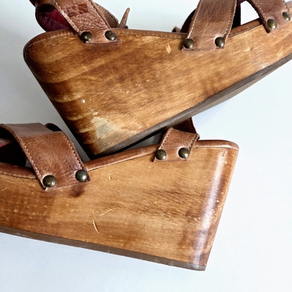 Bed Stu Wood Wedge Sandals With Neutral Leather Uppers, Ankle Strap, Studs, 9.5 - Picture 14 of 16
